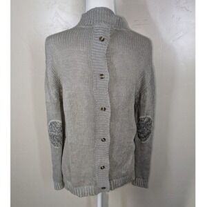 Alya Sweater Womens SmallGray Boho Cable‎ Knit Elbow Patch Button Down Back